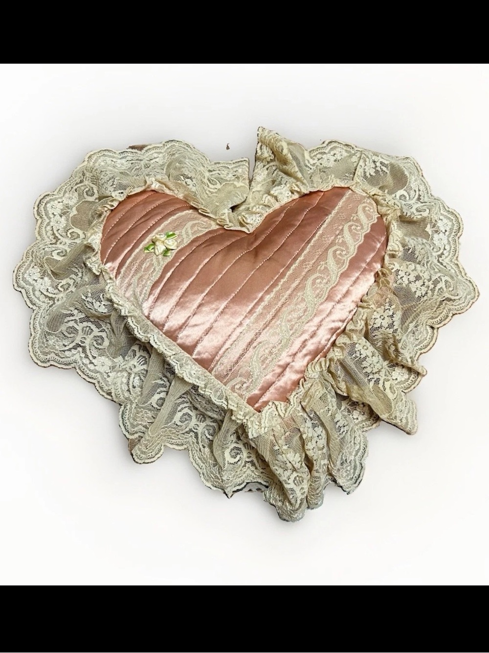 Vintage Heart Shaped Pillow Satin Pink Lace Victorian Romantic Coquette